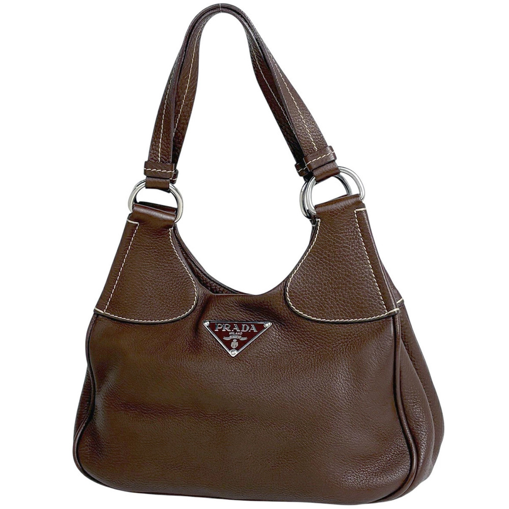 Prada Plate Handbag Leather Brown